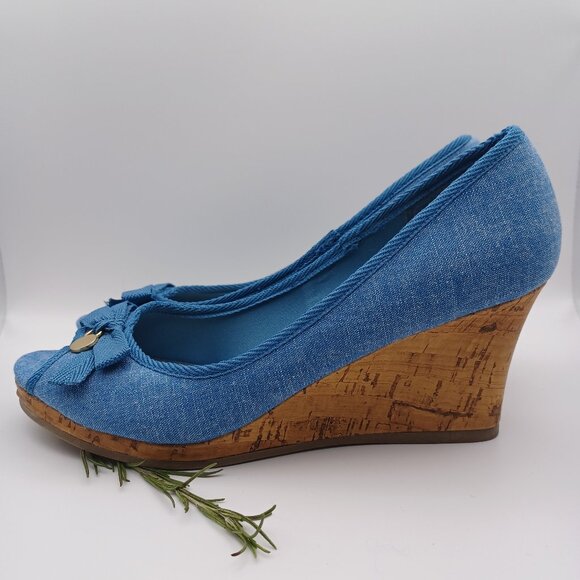 Dexflex Comfort Denim and Cork Wedge Heel Peep Toe Shoes - Picture 2 of 10